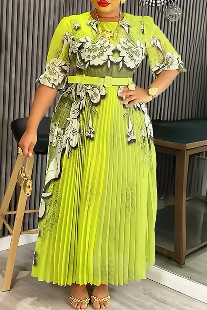 Elegant Flowers Pleated O Neck Long Plus Size Dresses