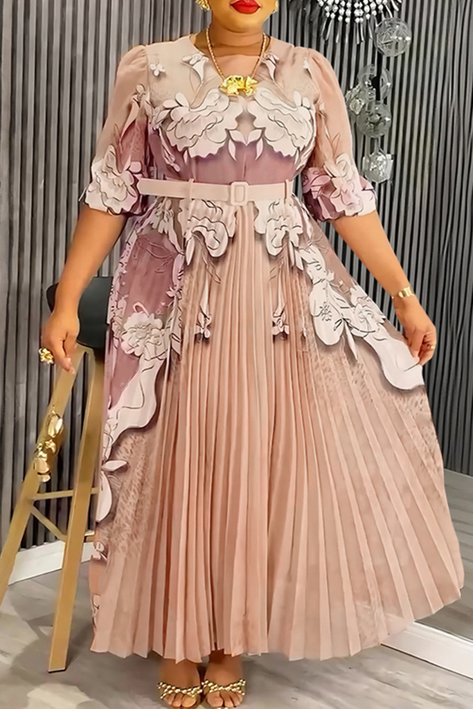 Elegant Flowers Pleated O Neck Long Plus Size Dresses