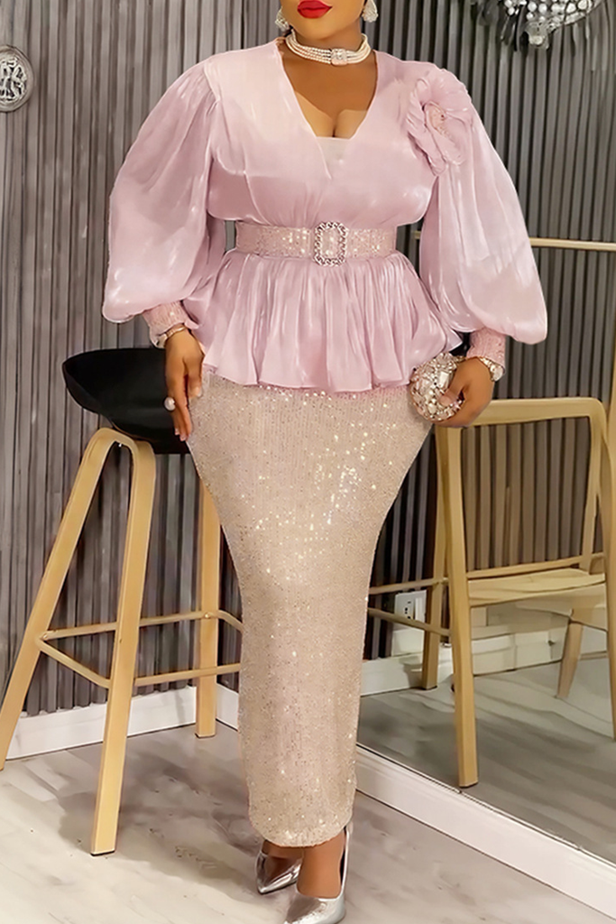 Elegant Solid Color Sequins With Belt V Neck Long Plus Size Dresses