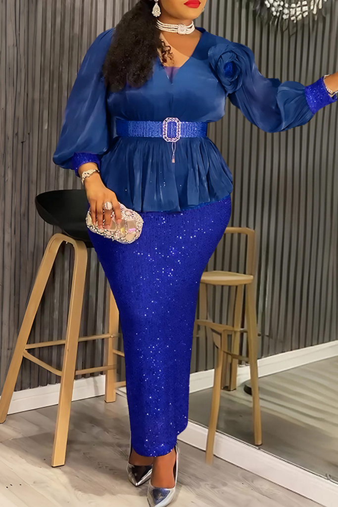 Elegant Solid Color Sequins With Belt V Neck Long Plus Size Dresses
