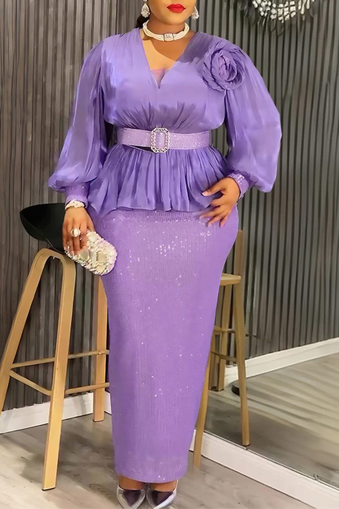Elegant Solid Color Sequins With Belt V Neck Long Plus Size Dresses