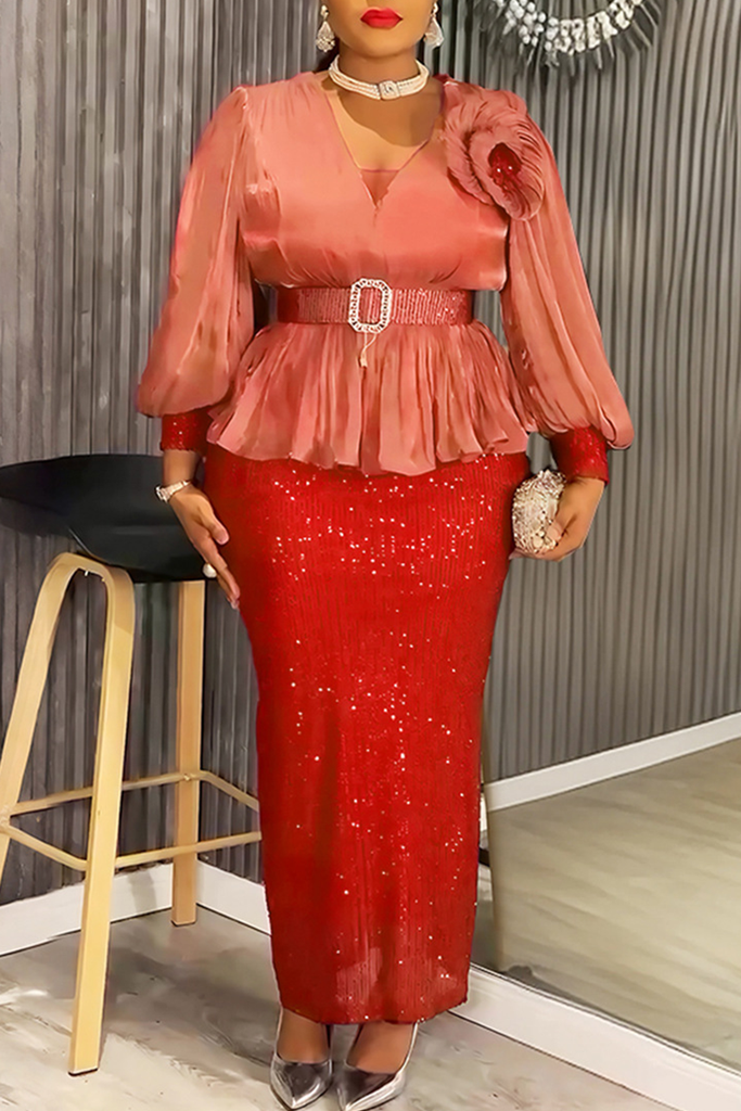 Elegant Solid Color Sequins With Belt V Neck Long Plus Size Dresses
