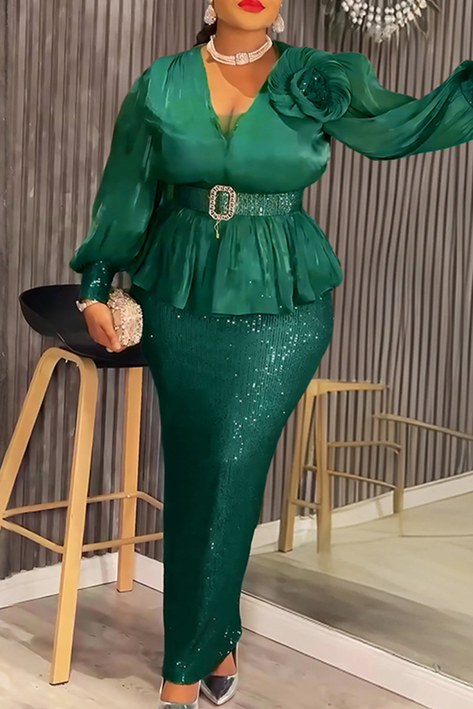 Elegant Solid Color Sequins With Belt V Neck Long Plus Size Dresses