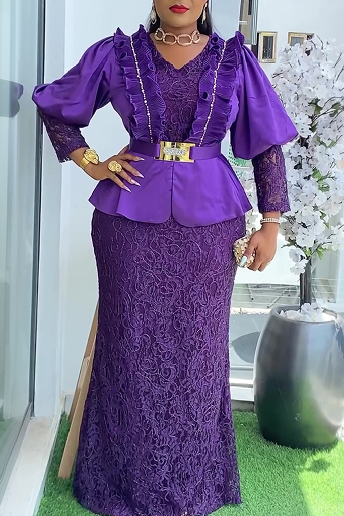 Elegant Solid Color Lace V Neck Long Plus Size Dresses