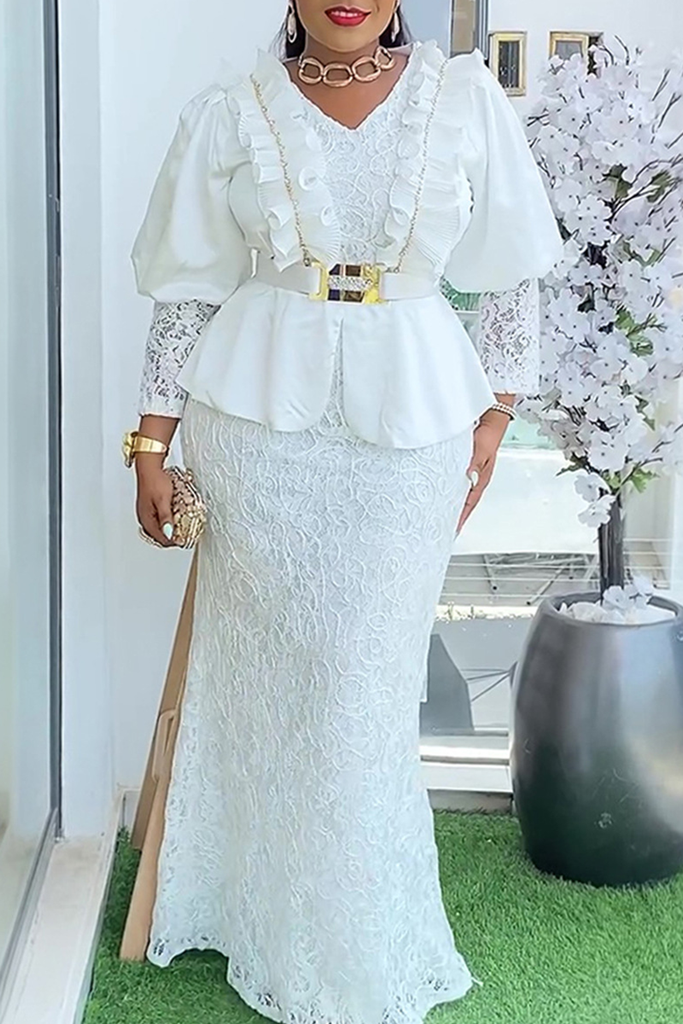 Elegant Solid Color Lace V Neck Long Plus Size Dresses
