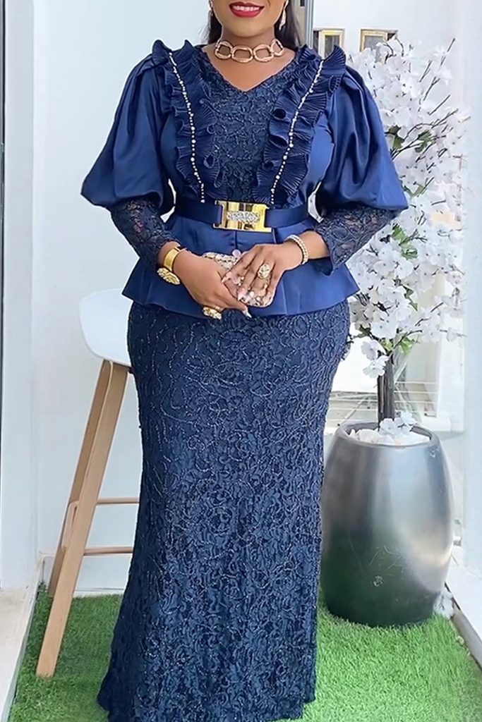 Elegant Solid Color Lace V Neck Long Plus Size Dresses