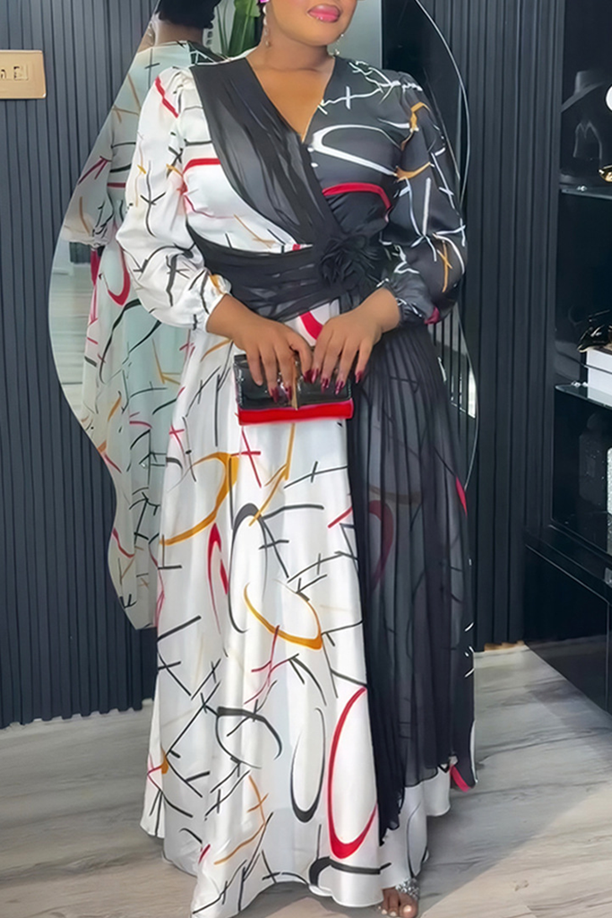Elegant Print Contrast V Neck Long Plus Size Dresses