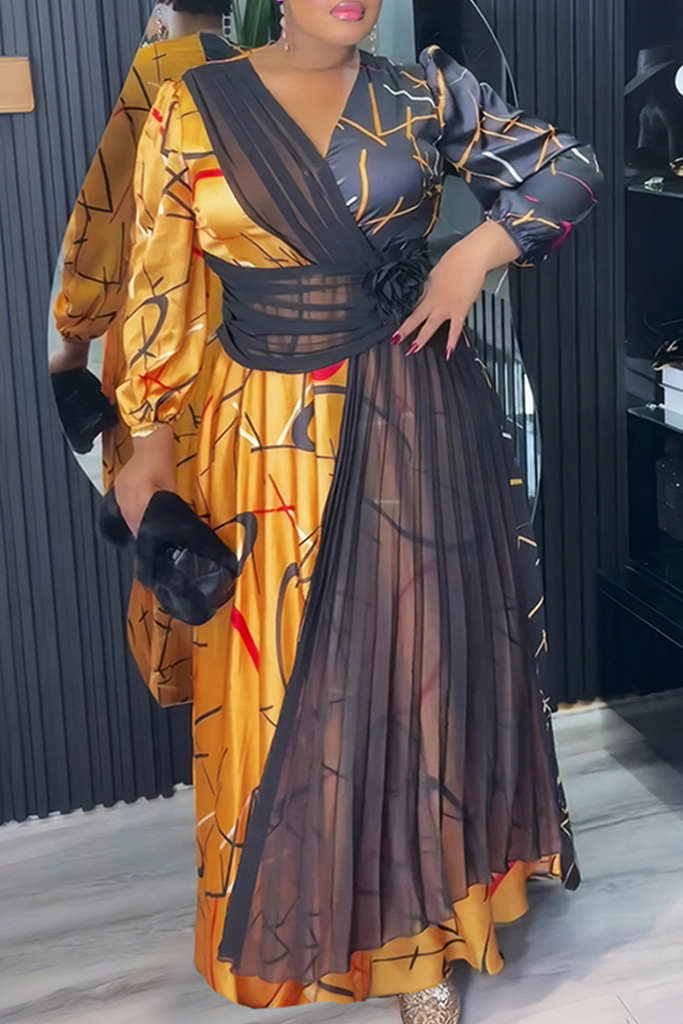 Elegant Print Contrast V Neck Long Plus Size Dresses