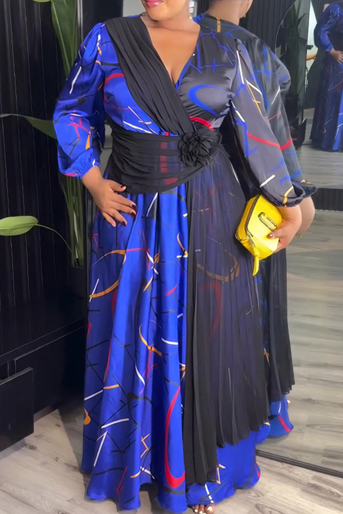 Elegant Print Contrast V Neck Long Plus Size Dresses