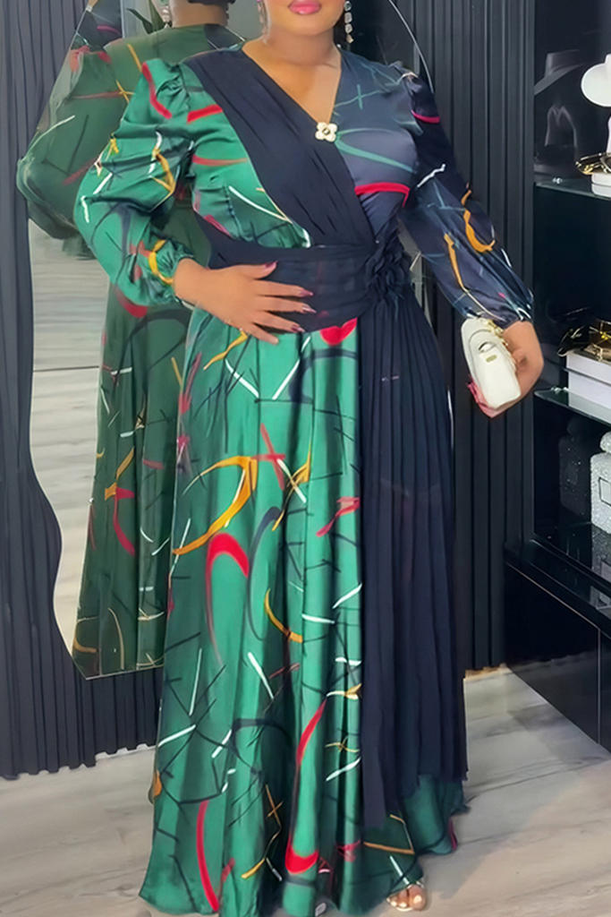 Elegant Print Contrast V Neck Long Plus Size Dresses