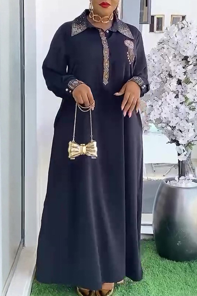 Casual Solid Color Hot Drill Turndown Collar Long Plus Size Dresses