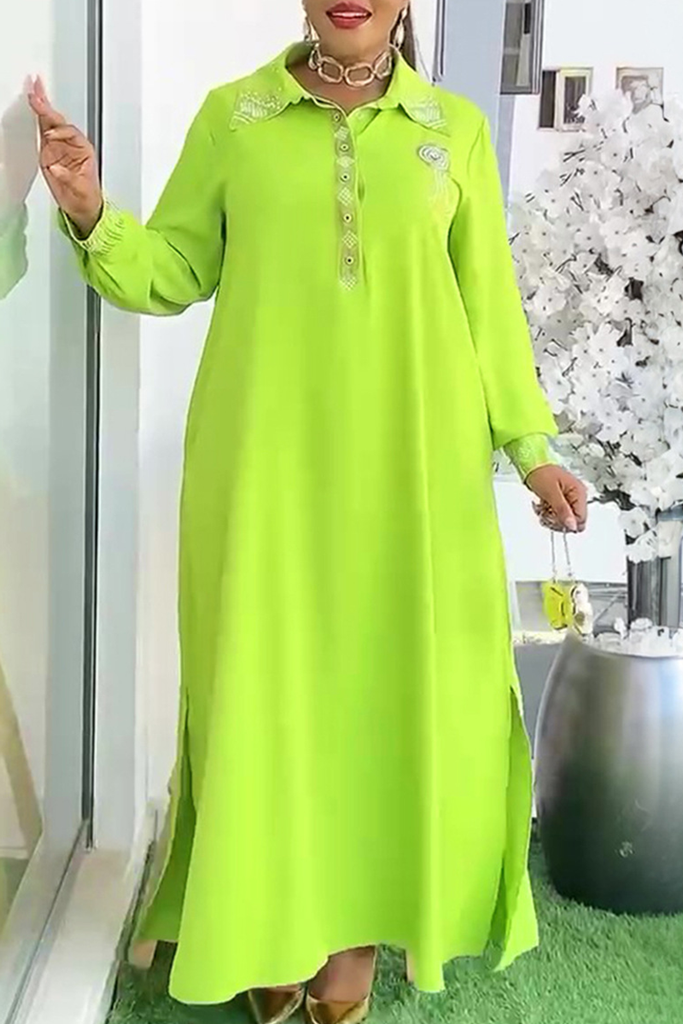 Casual Solid Color Hot Drill Turndown Collar Long Plus Size Dresses