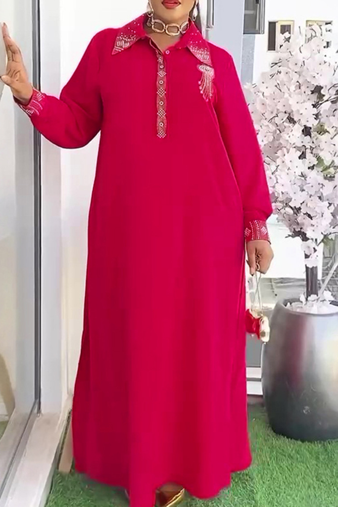 Casual Solid Color Hot Drill Turndown Collar Long Plus Size Dresses