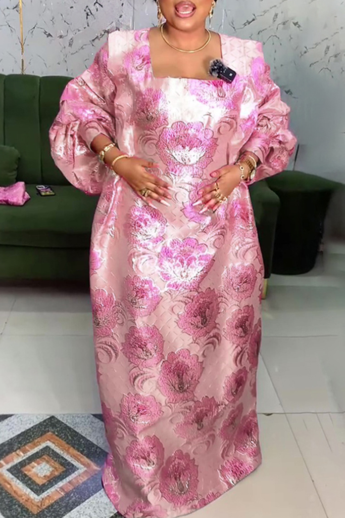 Casual Flowers Embroidered Square Neck Long Dresses