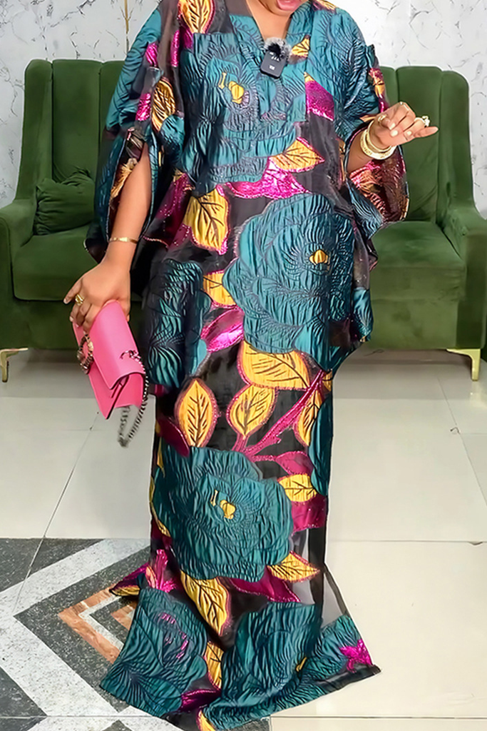 Casual Flowers Patchwork V Neck Long Dresses