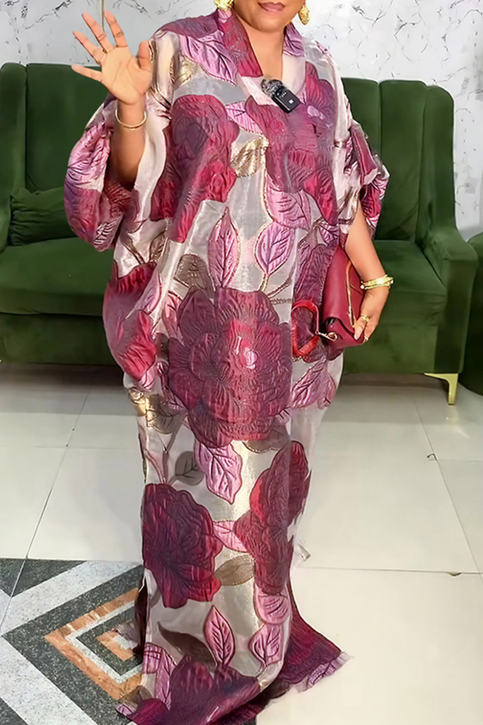 Casual Flowers Patchwork V Neck Long Dresses