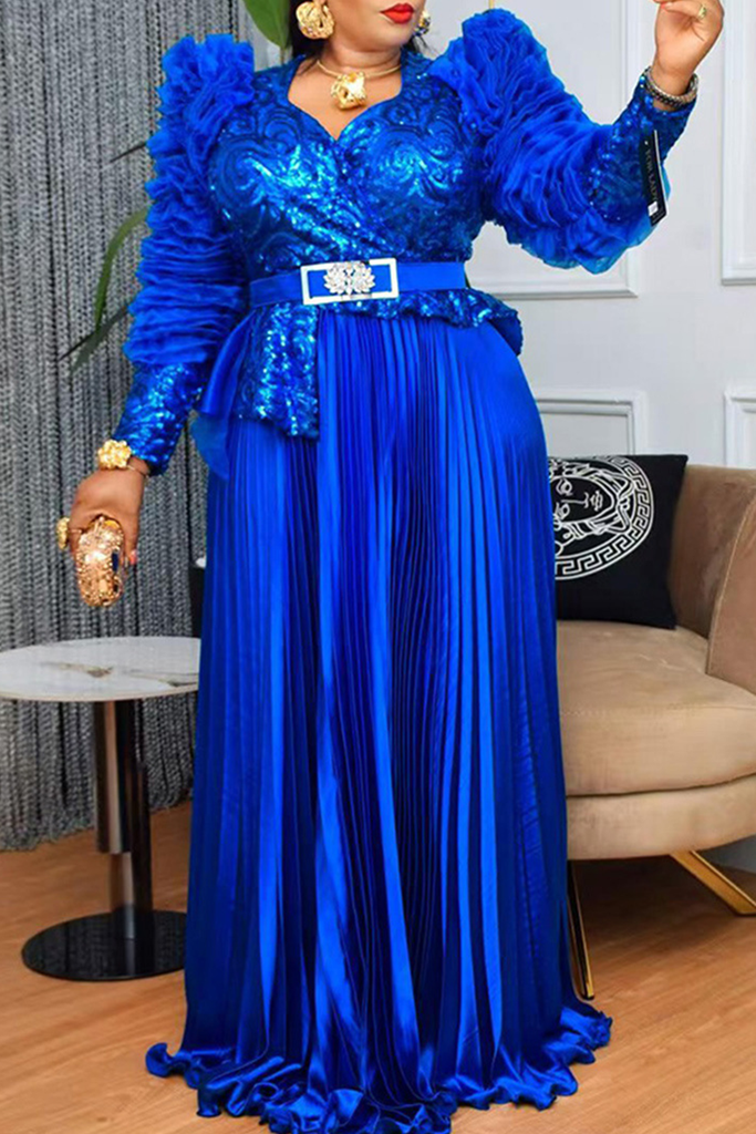 Elegant Solid Color With Belt Pleated V Neck Long Plus Size Dresses
