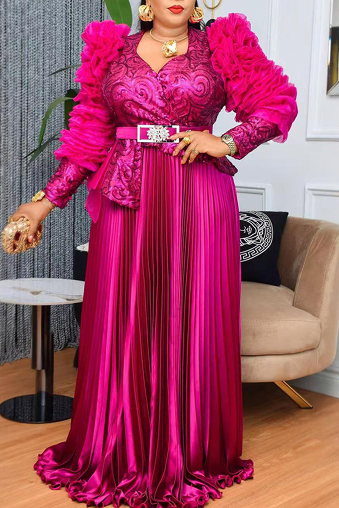 Elegant Solid Color With Belt Pleated V Neck Long Plus Size Dresses