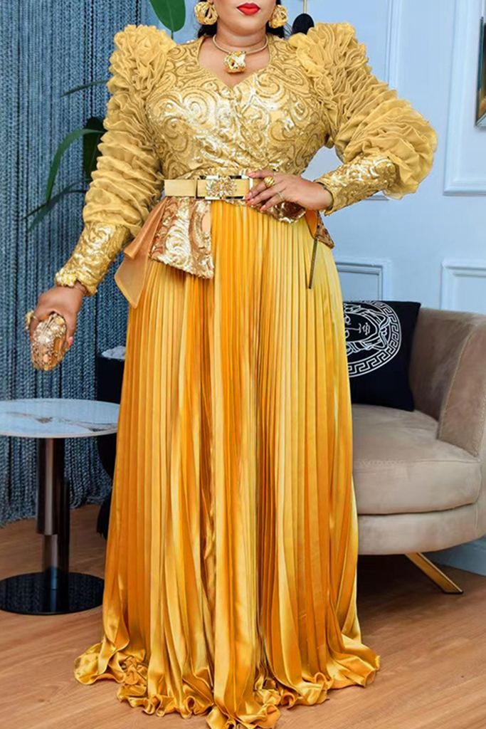 Elegant Solid Color With Belt Pleated V Neck Long Plus Size Dresses