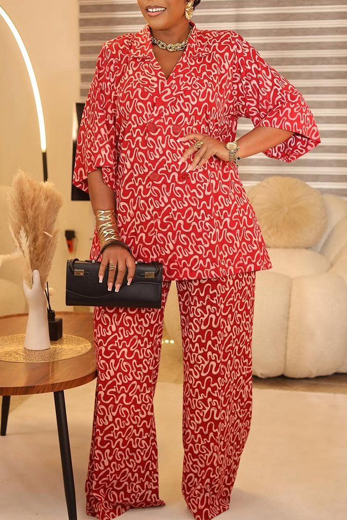 Casual Daily Print Buttons Turndown Collar Half Sleeve Two Pieces