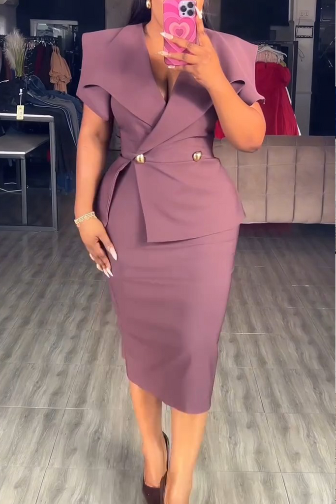 Business Wear Elegant Solid Color Buttons Turndown Collar Straight Dresses