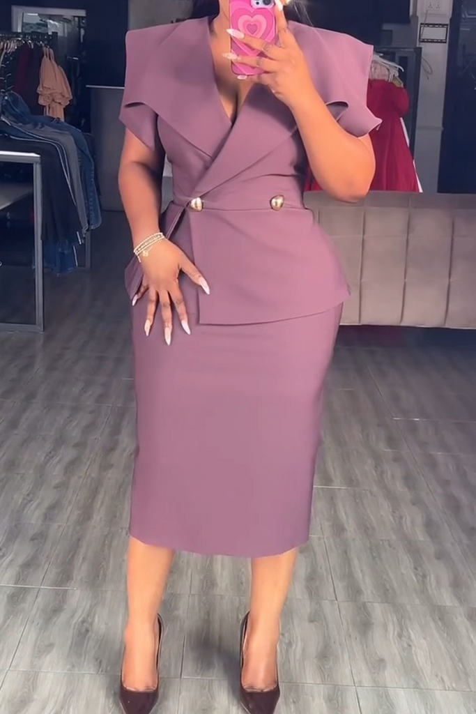 Business Wear Elegant Solid Color Buttons Turndown Collar Straight Dresses