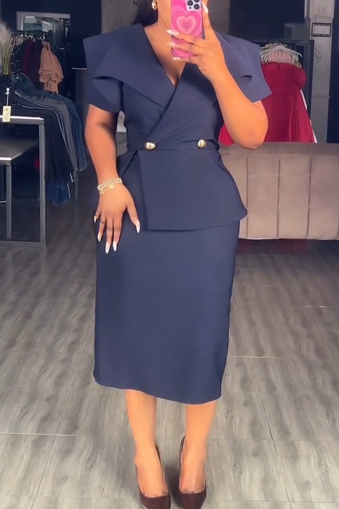 Business Wear Elegant Solid Color Buttons Turndown Collar Straight Dresses