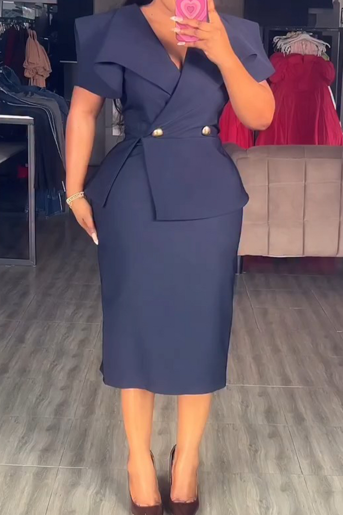 Business Wear Elegant Solid Color Buttons Turndown Collar Straight Dresses