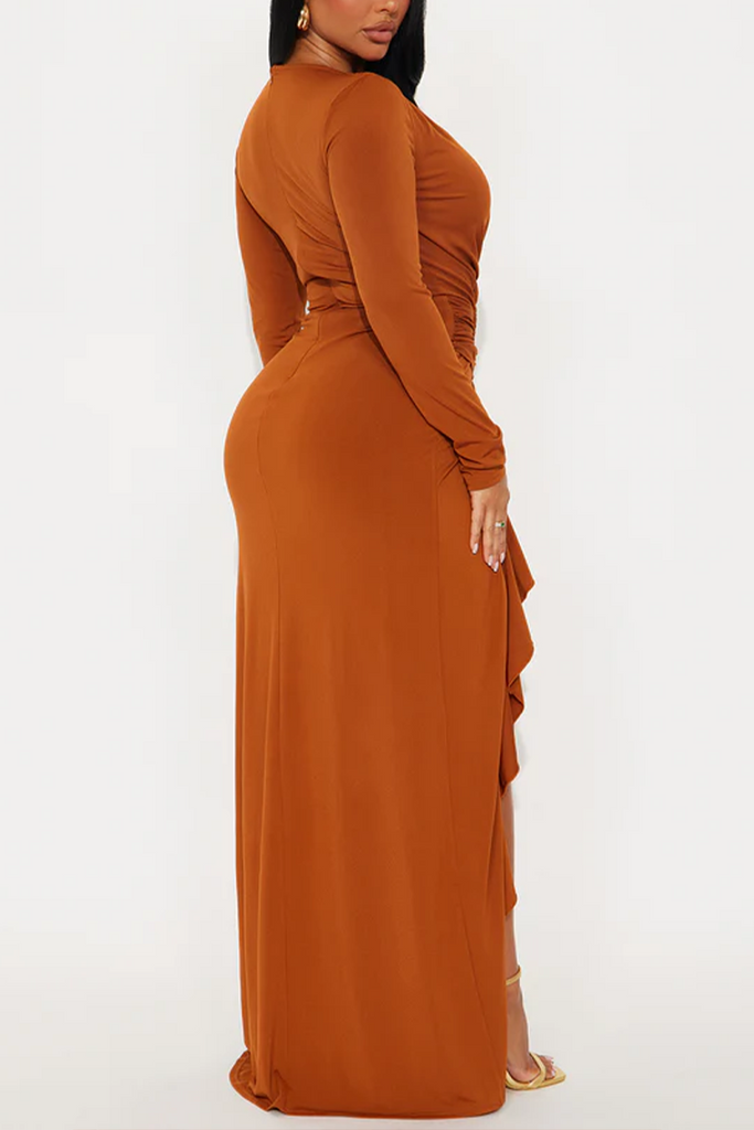 Sexy Daily Solid Color Slit Ruched Ruffled Trim V Neck Long Sleeve Dresses(single layer)
