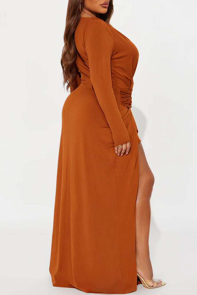 Sexy Daily Solid Color Slit Ruched Ruffled Trim V Neck Long Sleeve Dresses(single layer)