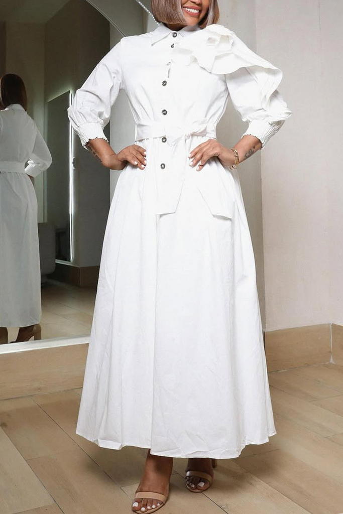 Elegant Solid Color Flounce Conventional Collar Long Dresses