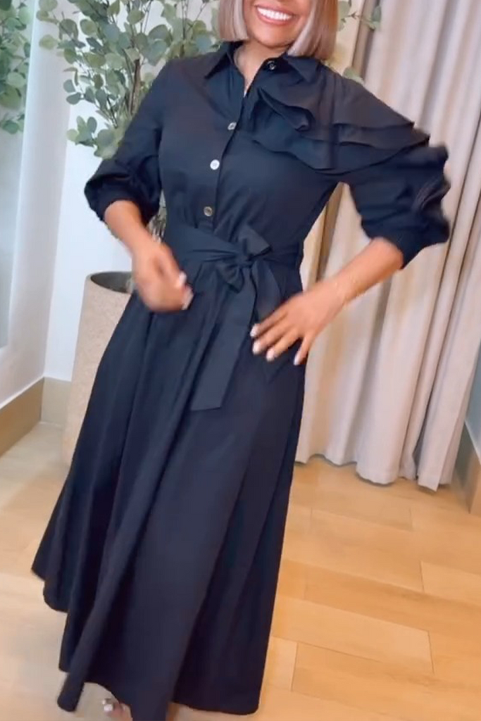 Elegant Solid Color Flounce Conventional Collar Long Dresses