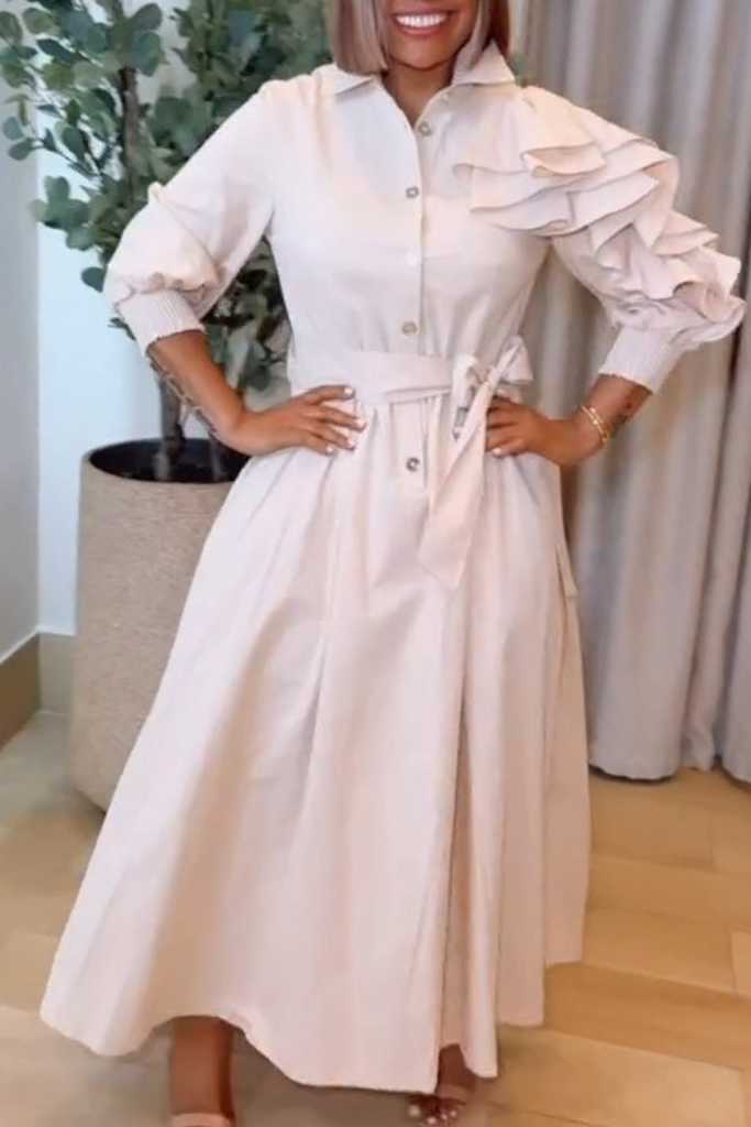 Elegant Solid Color Flounce Conventional Collar Long Dresses