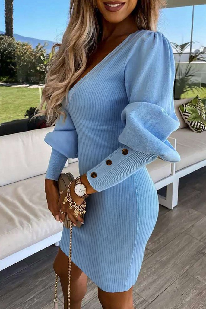 Elegant Solid Color Buttons V Neck Sweater Dress Dresses
