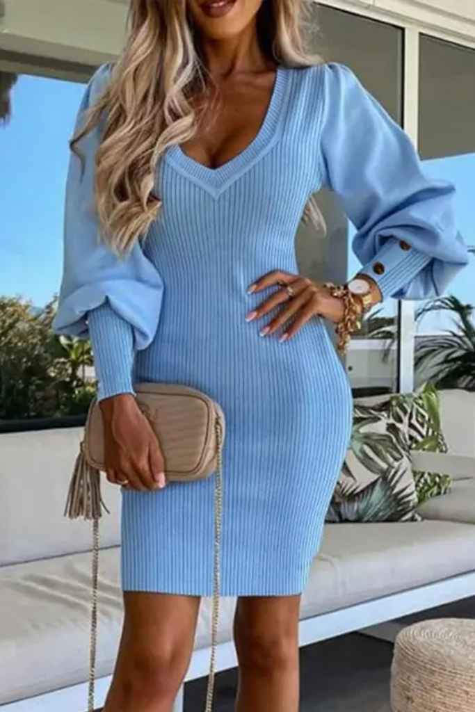 Elegant Solid Color Buttons V Neck Sweater Dress Dresses
