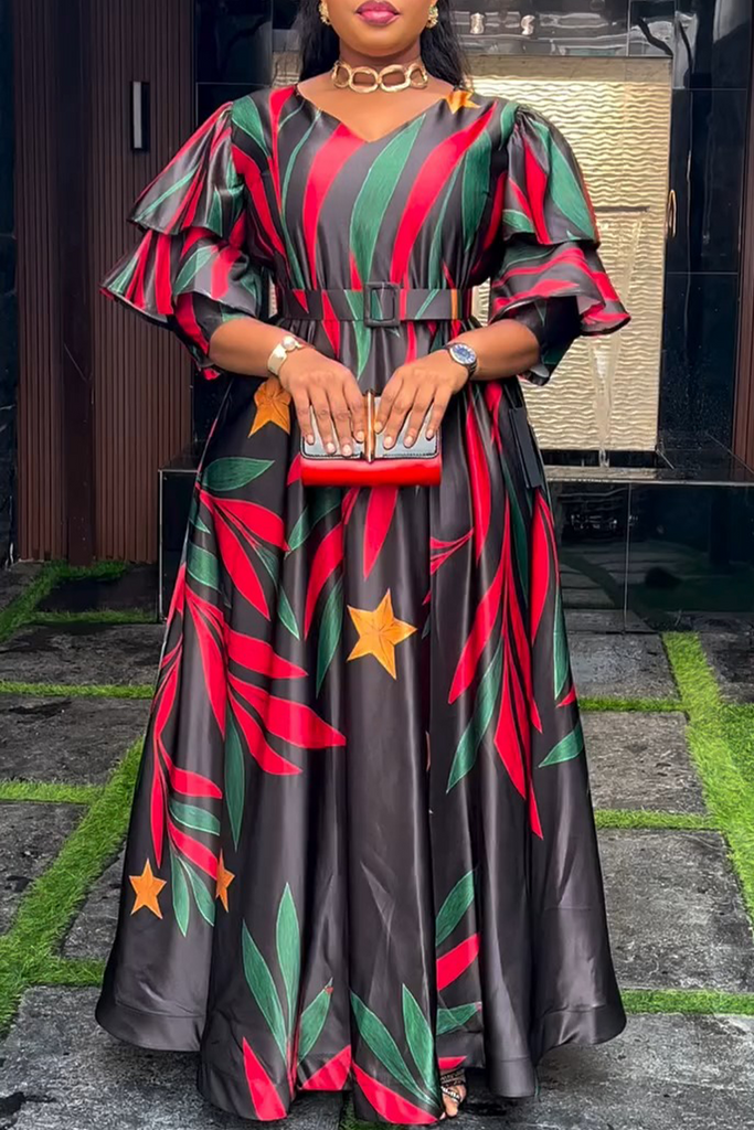 Casual Daily Print Ruffle V Neck Long Dresses(including belt)