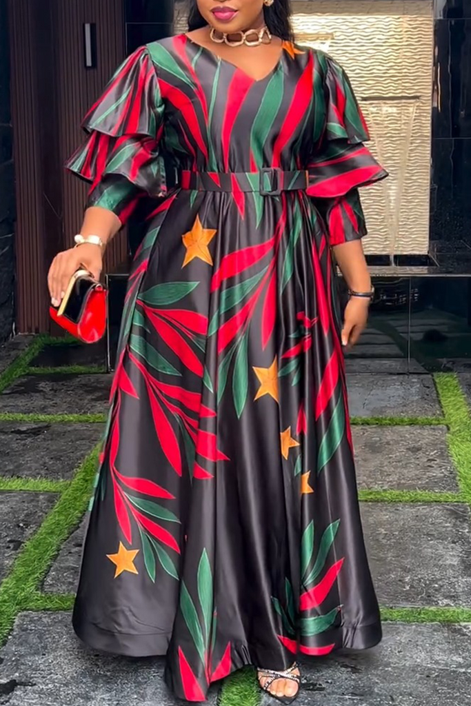 Casual Daily Print Ruffle V Neck Long Dresses(including belt)