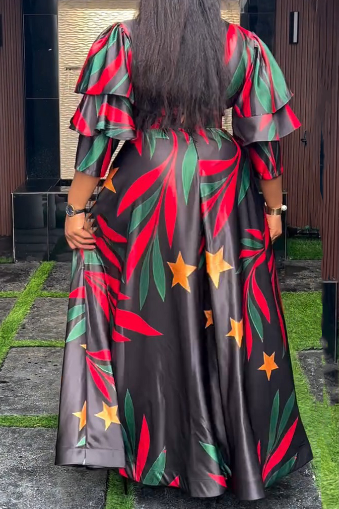 Casual Daily Print Ruffle V Neck Long Dresses(including belt)