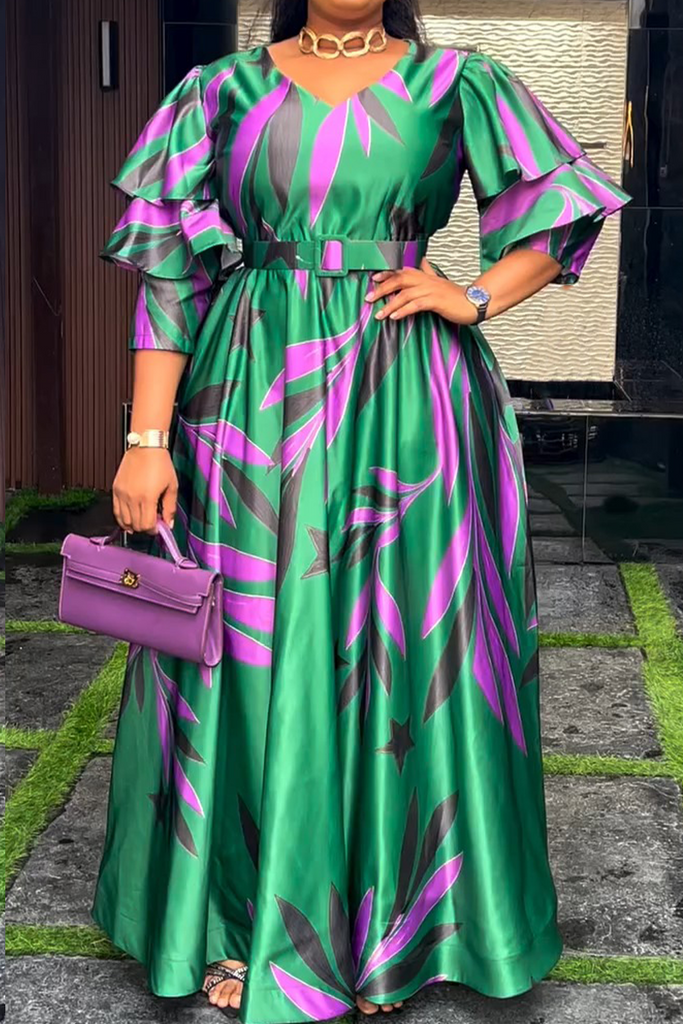 Casual Daily Print Ruffle V Neck Long Dresses(including belt)