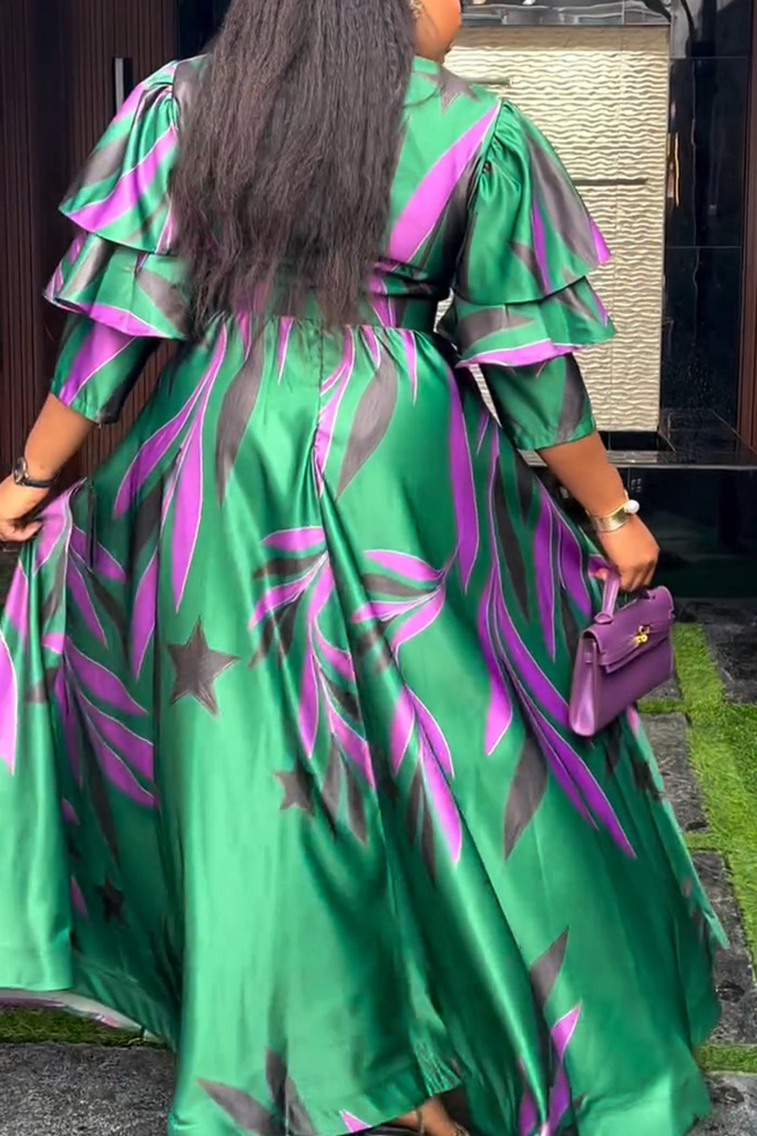 Casual Daily Print Ruffle V Neck Long Dresses(including belt)