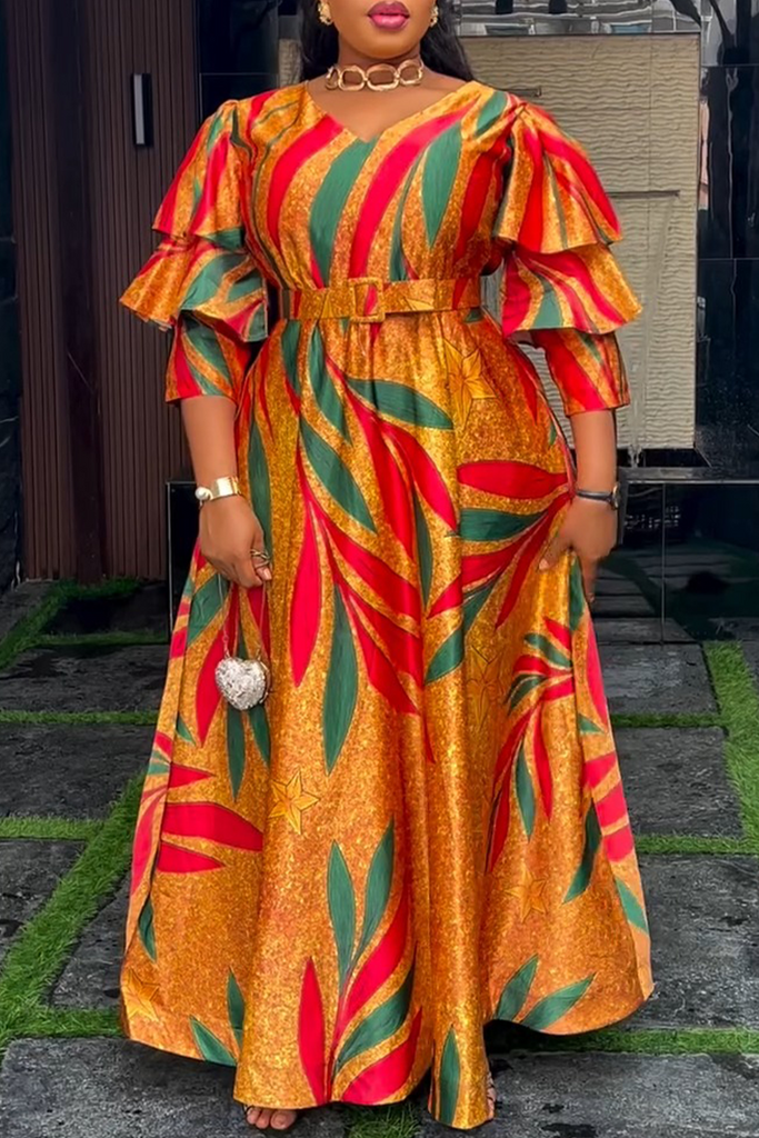 Casual Daily Print Ruffle V Neck Long Dresses(including belt)