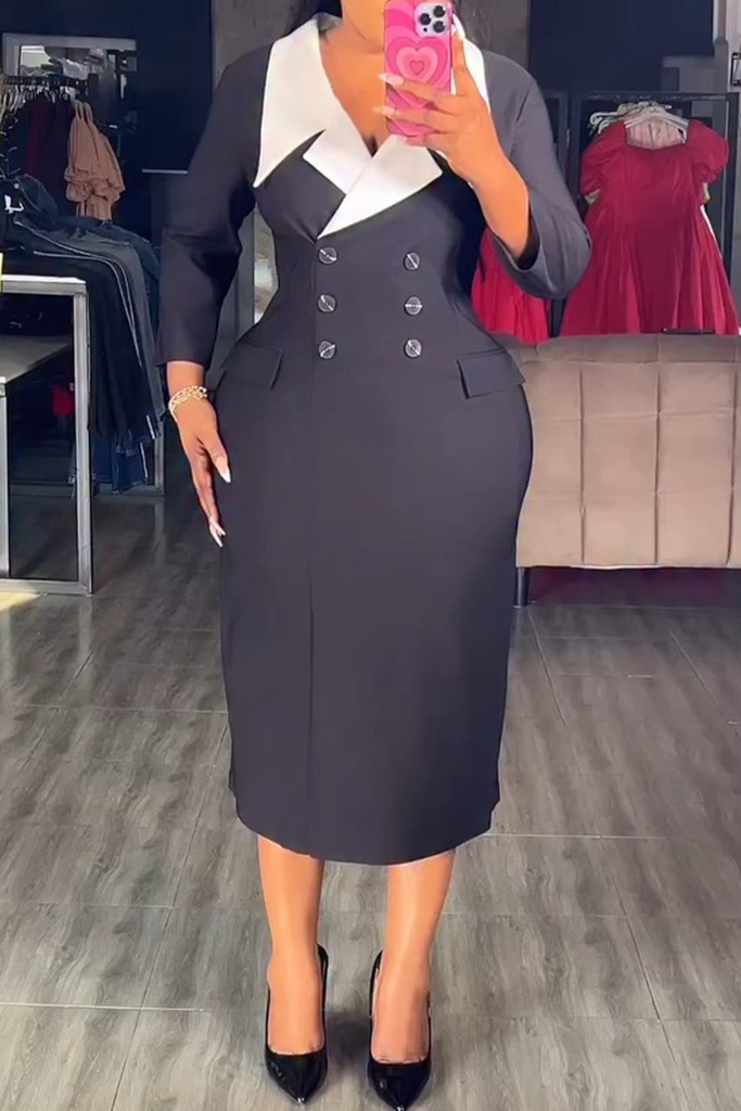 Casual Daily Solid Color Buttons Patchwork Turndown Collar Suit Dresses