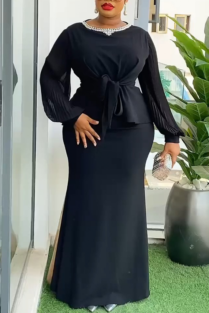 Casual everyday solid color diamond embellished round-neck long sleeve set