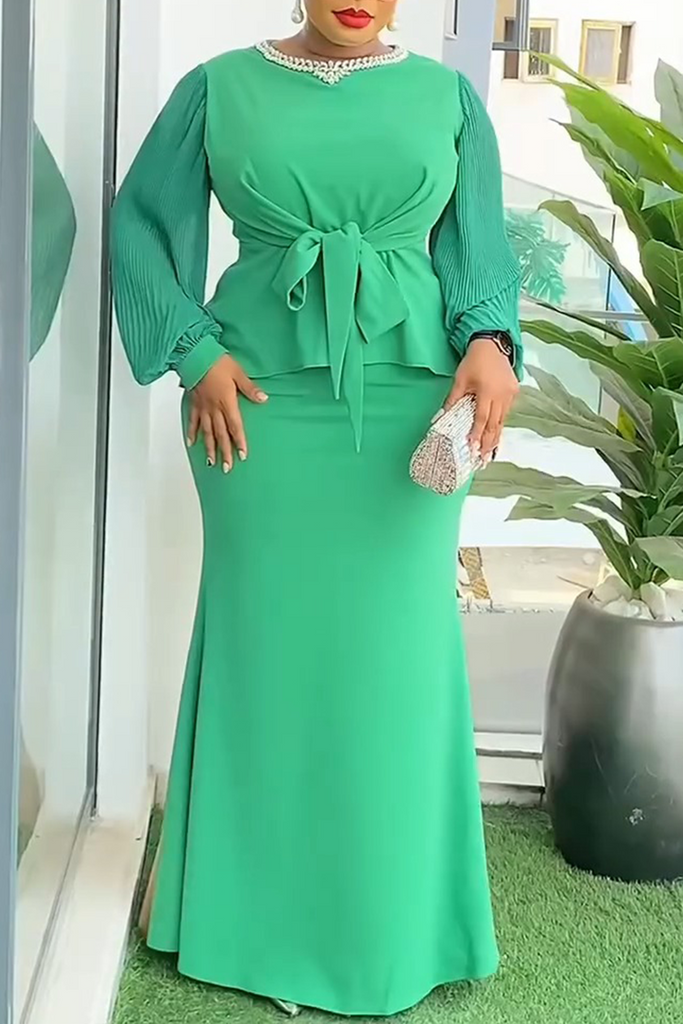Casual everyday solid color diamond embellished round-neck long sleeve set