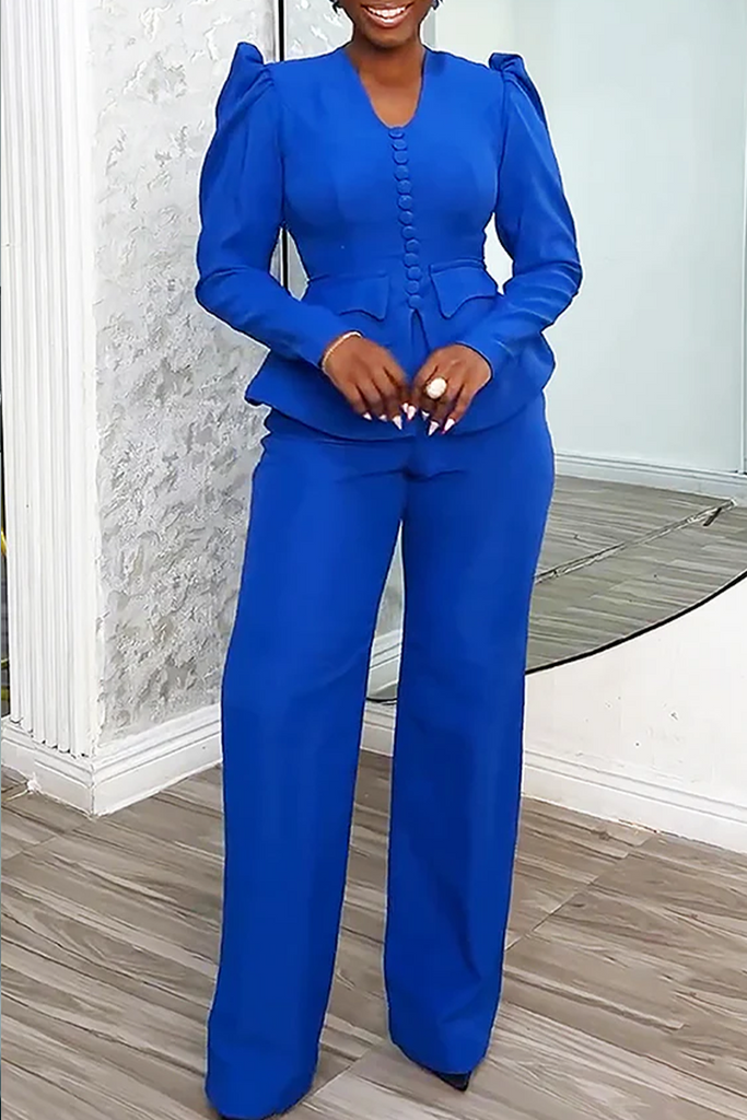 Business Wear Elegant Solid Color Buttons U Neck Long Sleeve Two Pieces
