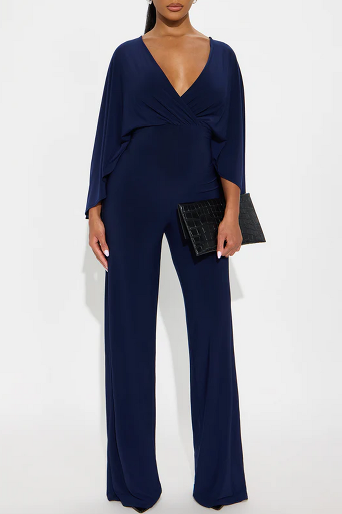 Casual Daily Solid Color Ruched V Neck Straight Jumpsuits