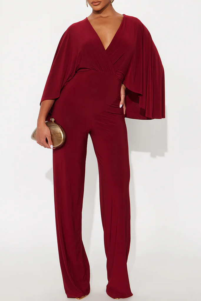 Casual Daily Solid Color Ruched V Neck Straight Jumpsuits