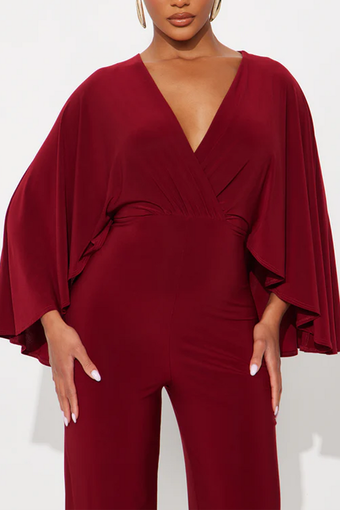Casual Daily Solid Color Ruched V Neck Straight Jumpsuits