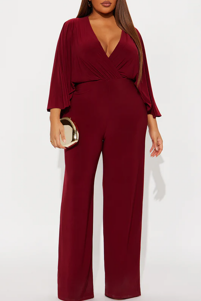 Casual Daily Solid Color Ruched V Neck Straight Jumpsuits