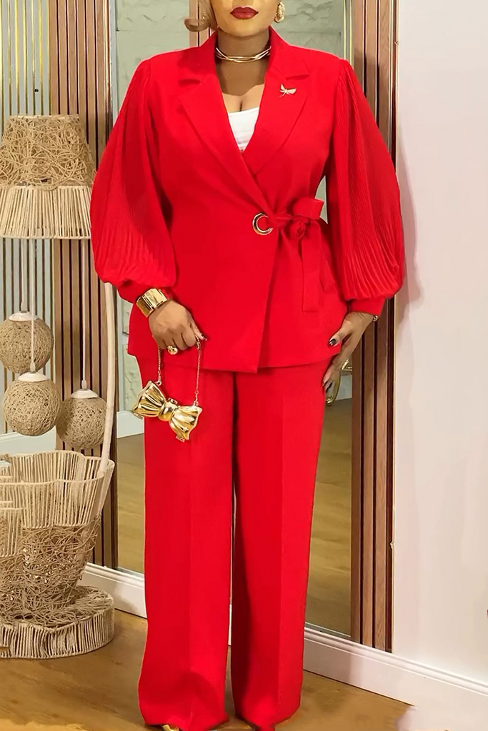 Daily Solid Color Lace Up Turndown Collar Long Sleeve Two Pieces